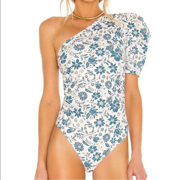 NWT free people peach combo floral One-Shoulder bodysuit size S - Picture 2 of 5